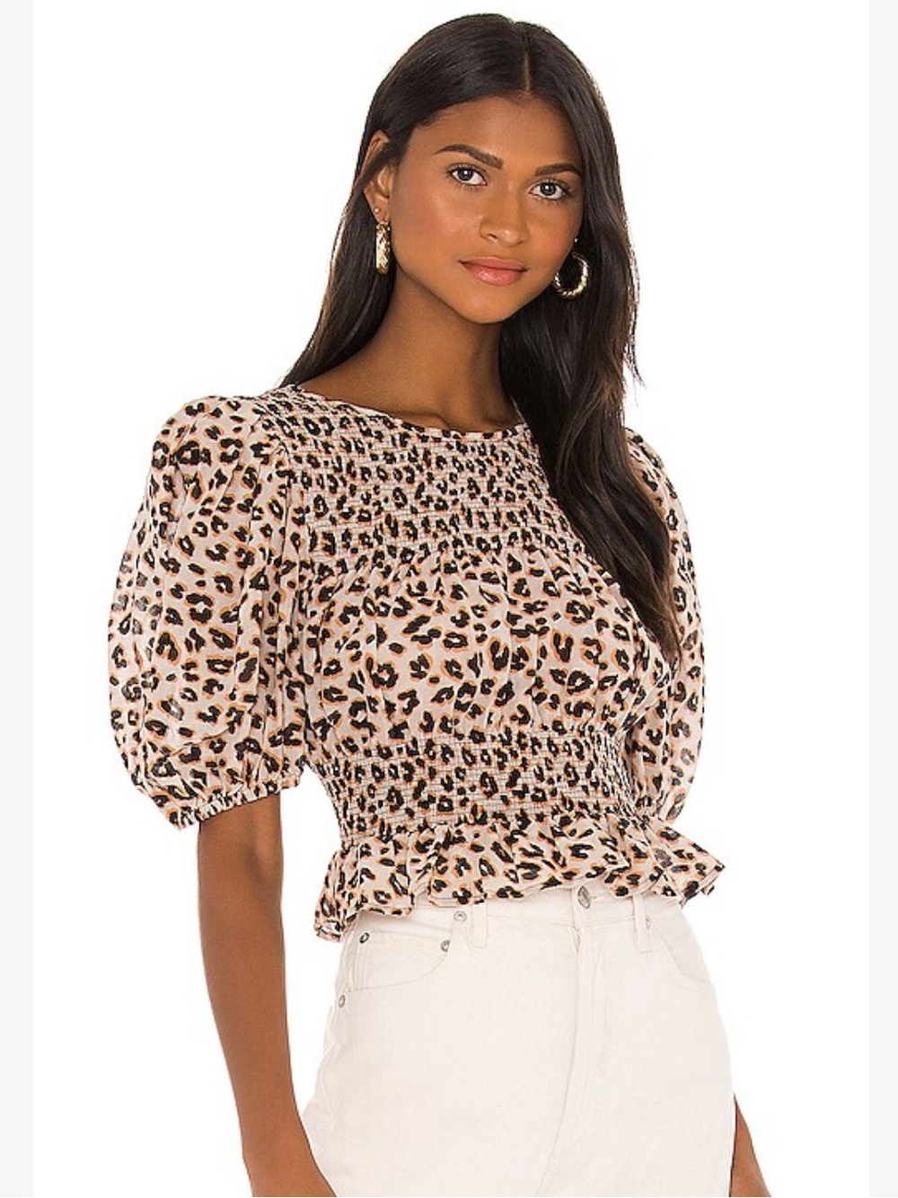 FREE PEOPLE XOXO Top in Beige Leopard Peplum Cropped Puff Sleeves size Small